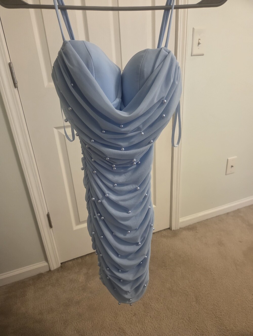 Light Blue Pearl-Embellished Ruched Bodycon Dress Windsor Hoco